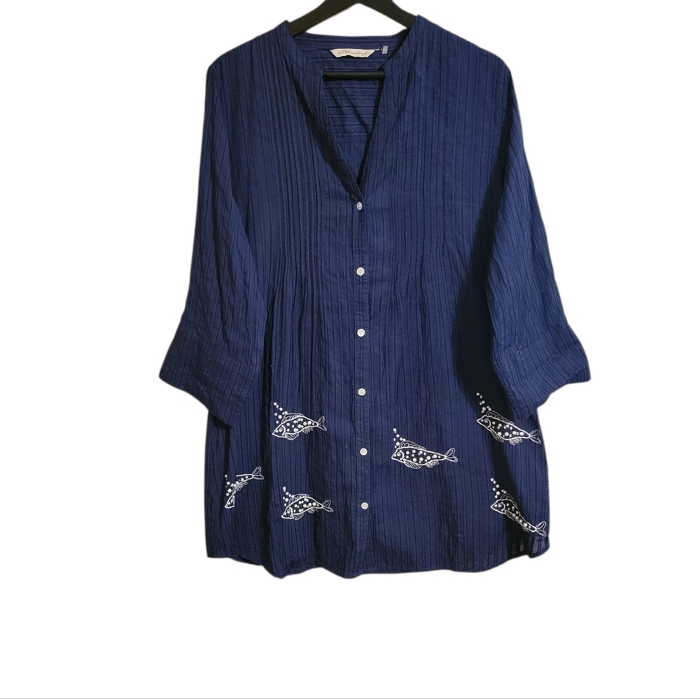 Soft Surroundings Blue Beaded Fish Print Tunic Top